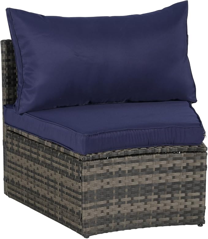 KEIKI Outdoor Patio Furniture 7-Piece Half-Moon Curved Sectional Sofa Set, All-Weather Wicker Patio Conversation Set with Round Coffee Table and 2 Storage Armrests for Poolside Backyard, Dark Blue