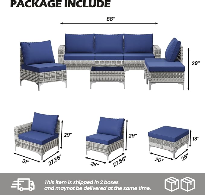 Vikiullf Patio Conversation Sets, Outdoor Furniture Set with Thick Cushions, Wicker Patio Sectional Sofas with Coffee Table for Backyard, Poolside, Garden (Grey & Blue, 7 Pieces)