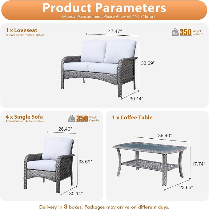 6 PCS Outdoor Patio Furniture Set with Glass Table, All-Weather Rattan Wicker Outdoor Conversation Set with Thickened Cushions for Balcony Backyard Garden Lawn,Grey