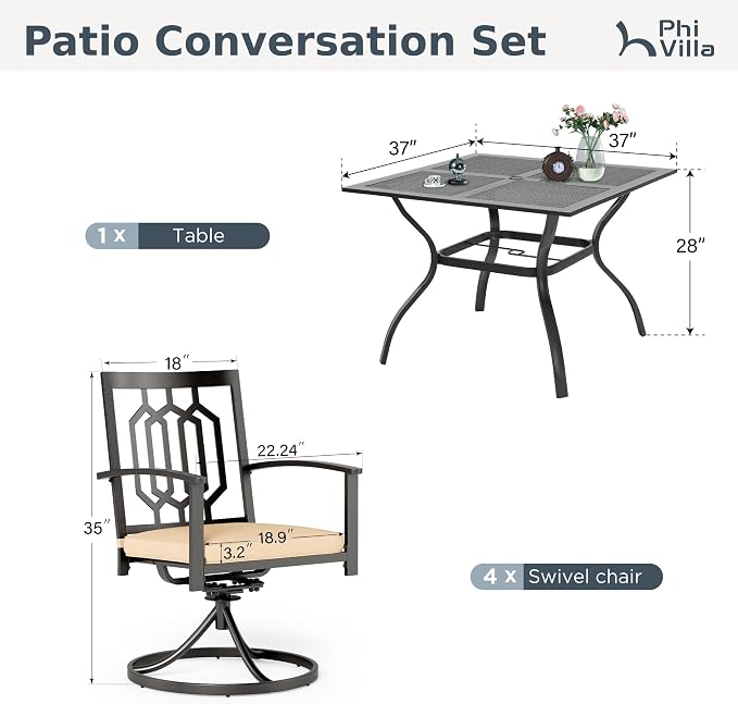 PHI VILLA Patio Dining Set, Swivel Chairs, Square Steel Table | Metal chairs, Hexagon Back Swivel Chair, 1.57" umbrella hole, 360° swivel, cushioned