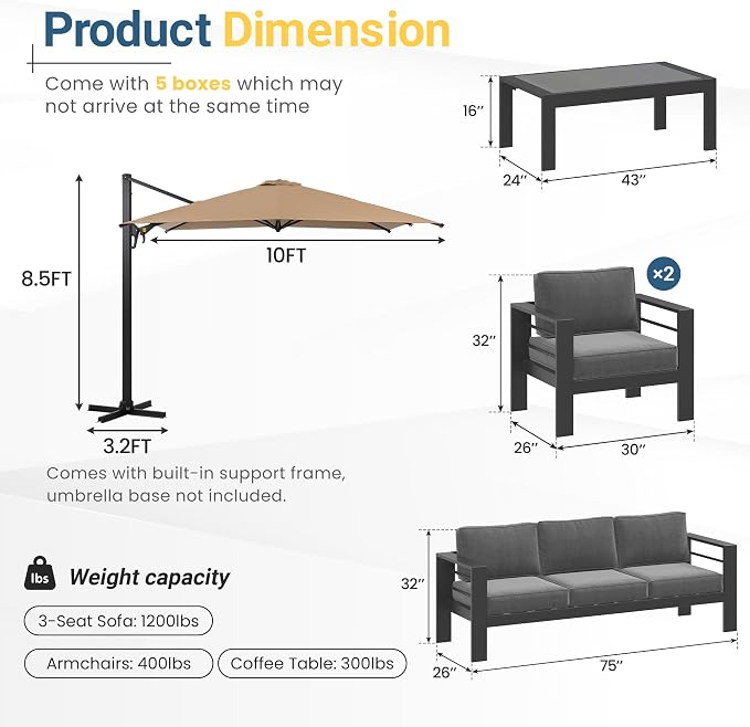 Wisteria Lane 5 Pieces Aluminum Patio Furniture Set with Umbrella, All Weather Oversized Outdoor Furniture Set with Deep Seat and Back Cushion, Patio Conversation Sets with Wide armrest, Gray & Gray