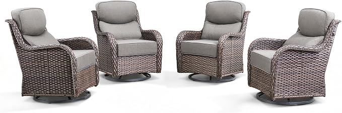 Luxury Outdoor Swivel Rocker Patio Chairs-4 Pieces High Back Swivel Rocker Patio Chairs with Thick Cushions All Weather Wicker Outdoor Furniture Set for Deck Porch Balcony(Brown/Grey)