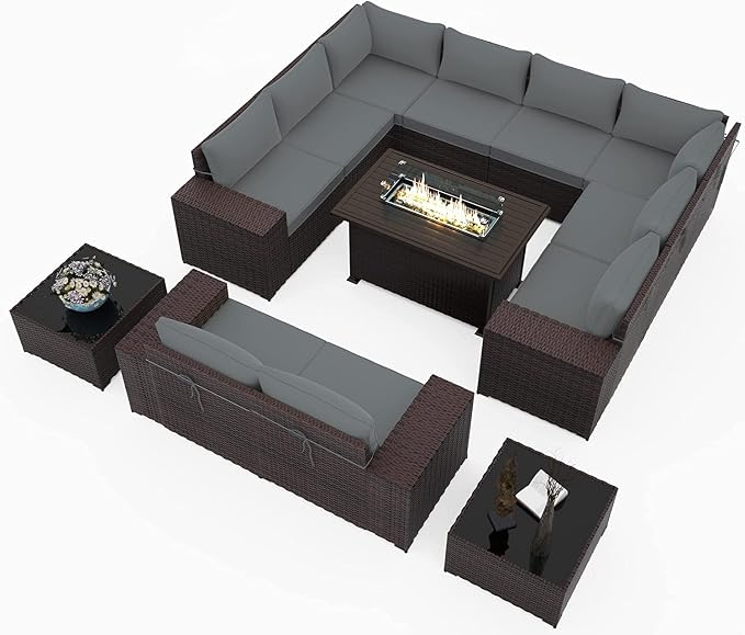13 PCS Outdoor Patio Furniture Set,Outdoor Sectional Furniture with 43" 55000 BTU Gas Propane Fire Pit Table,All Weather PE Rattan Wicker Patio Conversation Set,Grey