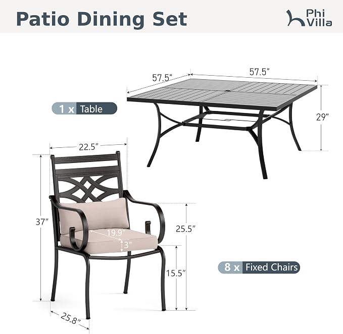 PHI VILLA 9 Piece, Outdoor Dining Set, 57.5" Square Table, Umbrella Hole | Wrought Iron, Iron Chairs, Cushions, Black, Weather-Resistant