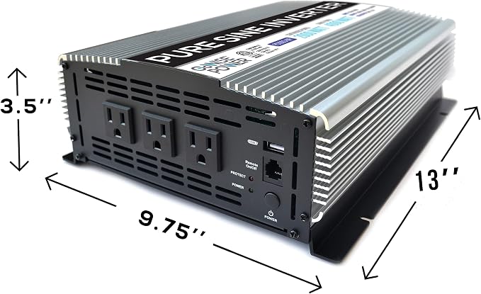 2000W Pure Sine Wave Power Inverter 12V DC to 120V AC with 3 AC Outlets + 1 5V USB Port, Remote Switch and 2 Battery Cables (4000W Peak) PS1003, 2021 Version, Grey