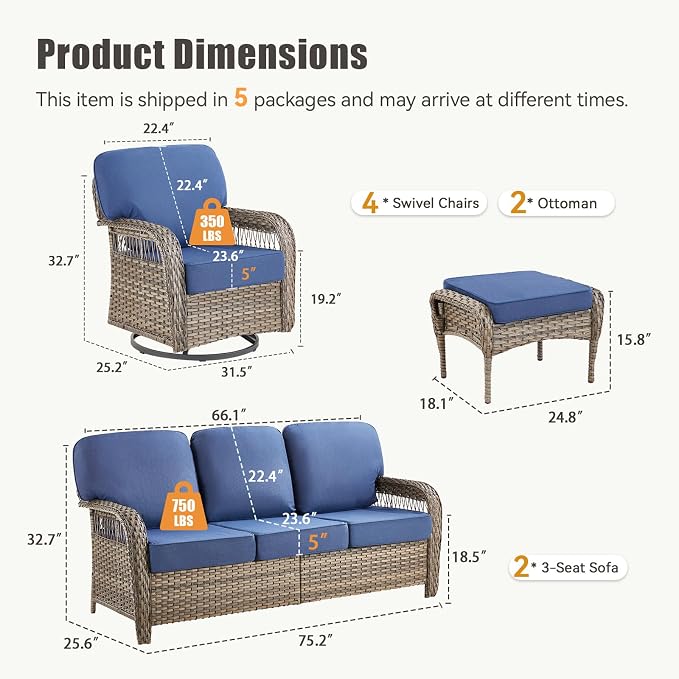 8 PCS Patio Furniture Set Outdoor Sectional Sofa Couch with Rocking Swivel Chairs 5" Deep Seat Chairs, Modern Wicker Rattan Conversation Set, Blue/Gray Wicker