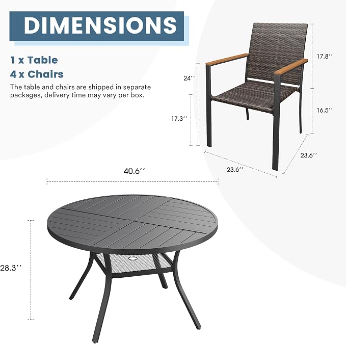 DIFY 5 Piece Patio Dining Set for 4, Wicker Stackable Patio Chairs & 40.6" Round Black Metal Dining Table with Umbrella Hole, All Weather Outdoor Table and Chairs Set for Deck Garden Backyard