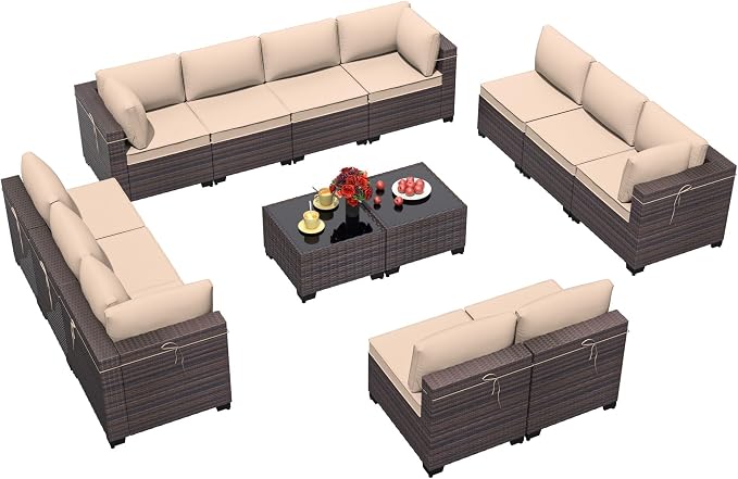 14 Pieces Outdoor Patio Furniture Set,Outdoor Sectional Furniture All Weather PE Rattan Wicker Patio Conversation Set with 2 Coffee Tables and 12 Thickened Cushions,Sand