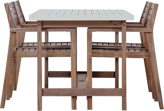 5 Piece Outdoor Dining Set for 4, 59.06" Rectangular Table with Umbrella Hole and 4 Chairs, Acacia Wood Dining Set for Patio, Lawn, Garden, Poolside & Indoor Use, Light Brown+Light Grey