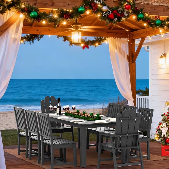 9 Piece Outdoor Dining Table Set for 8, Patio Chairs, Gray | 75.2” table,8 seat patio dining set, durable HDPE wood-look, table hole stable and spacious design for family gatherings