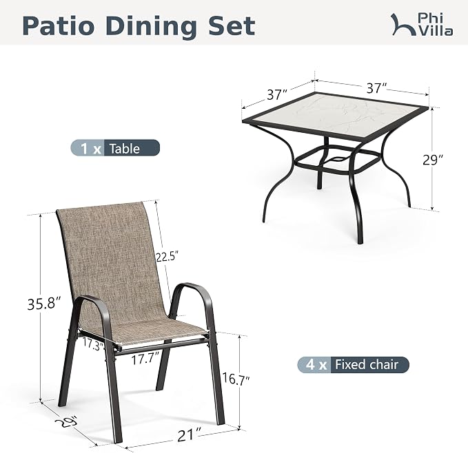 PHI VILLA Patio Dining Set for 4, Stackable Chairs & Carbon Crystal Table | Textilene mesh chairs & 37'' Square Table. E-coated metal frame for outdoor, deck, lawn, garden. Rust-resistant, easy-clean