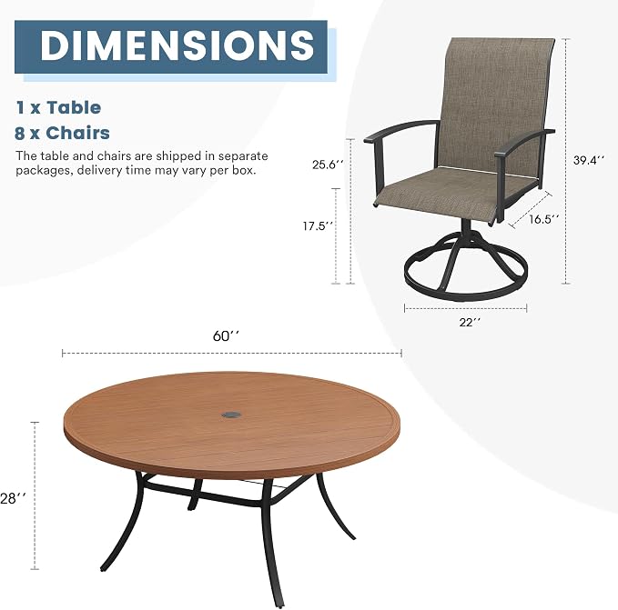 DIFY 9 Pieces Outdoor Dining Set for 8, 60" Walnut Round Metal Table with Umbrella Hole and Brown Textilene Swivel Patio Chairs, Patio Table and Chairs Set for Garden, Backyard, Poolside