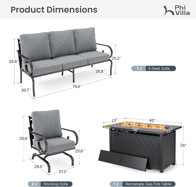 PHI VILLA Patio Furniture Set, 3-Seater Sofa, 2 Fixed Chairs and a 45" Fire Pit Table, Outdoor Metal Conversation Set with 5.75" Extra Thick Cushion for Garden Backyard Deck, Grey