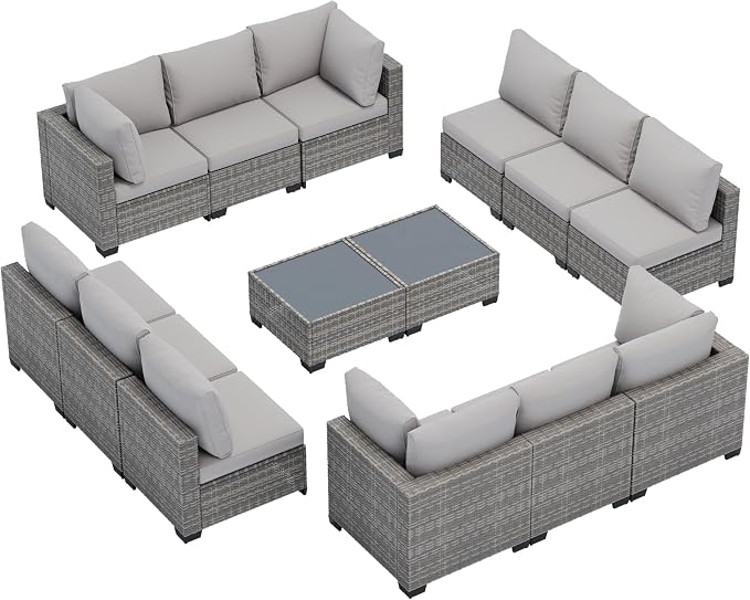 FHFO 14 Piece Outdoor Wicker Patio Furniture Set, Grey/Light Grey | Sectional Sofa | All-Weather Hand-Woven Rattan | Tempered Glass Coffee Table | Free Combination | Indoor & Outdoor Use