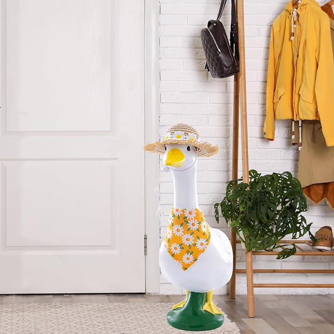 Daisy Flower Outfit for Porch Goose - 2Pcs Summer Goose Clothes with Yellow Floral Hat & Bib Accessories for 23” Cement or Plastic Gooses Statue, Garden Lawn Porch Decoration