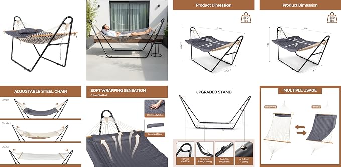 Double Hammock with Stand,Heavy Duty Portable Outdoor Hammock for 2 Person,Detachable Hammock Bed for Outside,550 LBS Capacity,for Patio, Garden, Backyard & Beach (Gray)