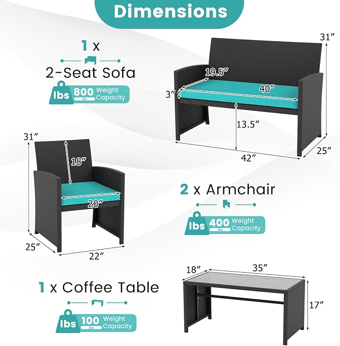 Tangkula 4 Pieces Patio Wicker Furniture Set, Outdoor Heavy Duty Rattan Cushioned Chairs, Loveseat and Tempered Glass Coffee Table, for Backyard, Balcony, Poolside (Turquoised,1)