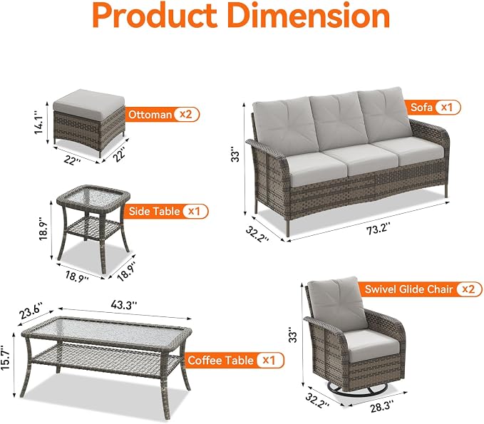 Aoxun Luxury 7-Piece Patio Furniture Set, 360° Swivel Chairs, Wicker Rattan Sofa with Thick Cushion, Outdoor Conversation Set for Backyard, Poolside & Garden, Beige/Gray