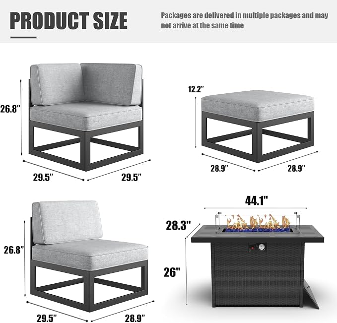 LayinSun Large Aluminum Patio Furniture Set with Fire Pit Table, 9 Pieces Modern Outdoor Conversation Set Sectional Metal Sofa Set with Olefin Cushion