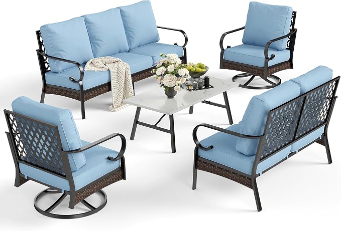 SUNSHINE VALLEY 5 Piece Metal Outdoor Patio Furniture Set, Patio Conversation Sets 1 3-Seater Sofa, 2-Seater Sofa, 2 Swivel Sofa with 5.75" Thick Cushion & Coffee Table Black Backyard Furniture, Blue