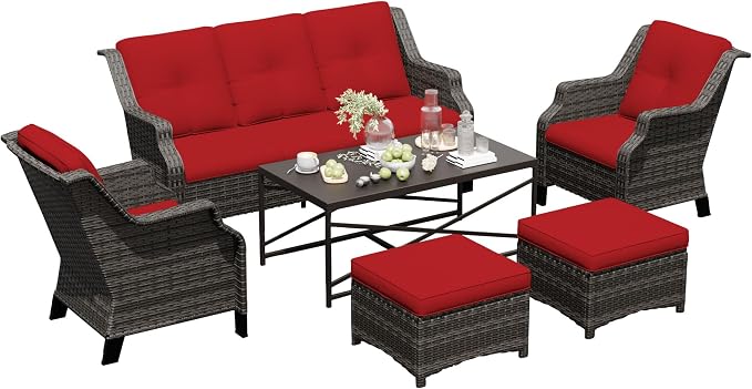 6 Pieces Patio Furniture Set, Outdoor Furniture Set with 2 Patio Chairs, 2 Ottoman, 1 Outdoor Wicker Sofa, 1 Metal Table, Ideal for Backyard, Garden, Poolside, Red