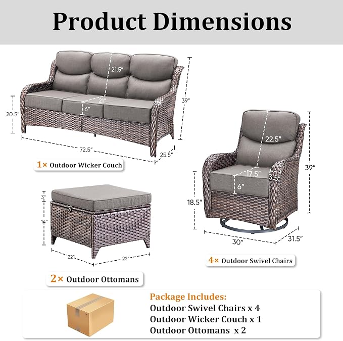 Luxury High Back Patio Furniture Set with 6-Inch Thick Cushions, 7-Pieces Outdoor Furniture with Swivel Chairs, Wicker Conversation Set for Porch, Balcony, Deck and Yard, Brown/Grey