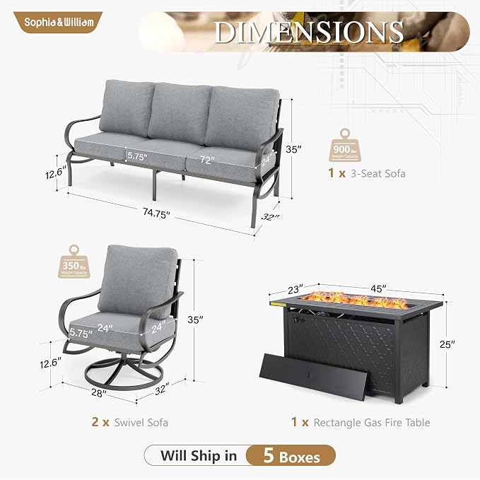 Sophia & William Patio Furniture Sets with 45" Gas Fire Pit Table Outdoor Metal Conversation Sets for 5, 2 x Swivel Cushioned Patio Sofa Chairs, 1 x 3-Seat Sofa 4 Pieces for Lawn Backyard Grey