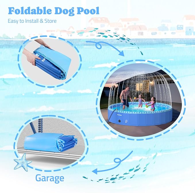 Foldable Dog Pool with Sprinkler RGB LED Light, 87" Collapsible Hard Plastic Kiddie Swimming Splash Pool for Small Medium Large Doggie Kitty Puppy, Pet Bathing Tub Wading Pool for Dogs Blue