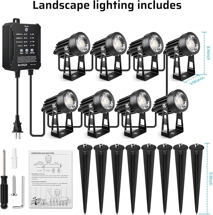 All-in-One Low Voltage Landscape Lighting Kit, 8 Pack Landscape Lights with Smart Transformer, Dimmable Waterproof Outdoor LED SpotLights, 24V LED Landscape Lights for Yard, Garden(Warm White)