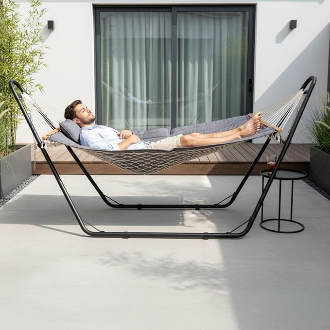 Double Hammock with Stand Adjustable Hammock Set for 2 Person Holds 550lbs, Include Dual-Spreader Bar, Pillow, Easy Setup, Free Standing hammocks for Outside, Patio, Yard, Garden (Grey)