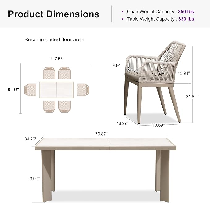 PURPLE LEAF 7 Pieces Patio Dining Set Aluminum Modern Rectangular Table and Rattan Arm Chairs with Cushions for Kitchen Porch Garden Outdoor Furniture Sets, Champagne