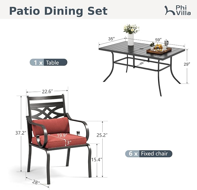 PHI VILLA Patio Dining Set, Metal Table | Metal chairs, Red Cushion, Umbrella Hole, Cushions, E-coated