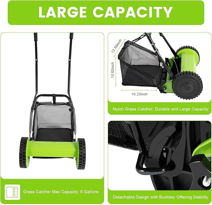12-inch Manual Lawn Mower, 5-Blade Push Reel Lawn Mower with Grass Catcher, Push Mower for Sidewalks, Driveways, Courtyards, Green