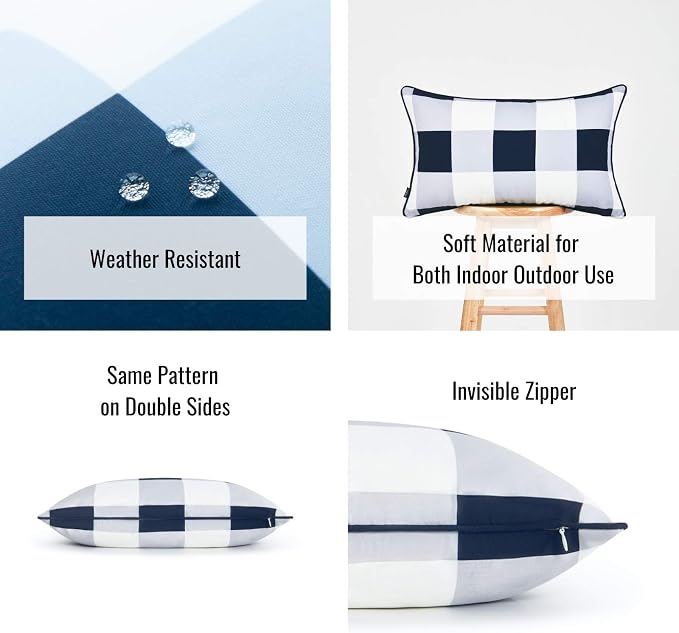 Hofdeco Coastal Patio Indoor Outdoor Lumbar Pillow Cover ONLY for Backyard, Couch, Sofa, Navy Blue Buffalo Check, 12"x20"