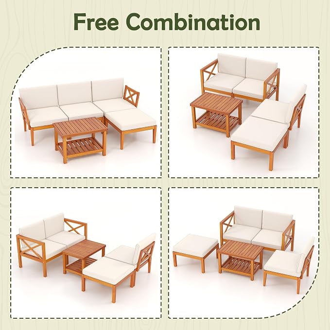 Tangkula L Shaped Outdoor Furniture Set, 5 Pieces Acacia Wood Patio Conversation Set, Modular Outdoor Lounge Sofa Set w/Cushions and Coffee Table for Garden, Backyard, Poolside