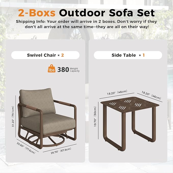 3-Piece Aluminum Patio Furniture Set, Outdoor Swivel Rocking Chairs with 6.5" Thick Cushions & Coffee Table, All-Weather Rust-Resistant Frame Conversation Set for Porch, Garden, Backyard, Brown