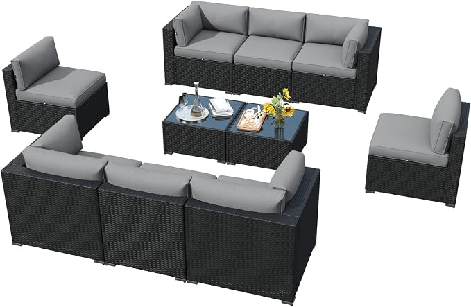 LazySunsets 10 Piece Outdoor Patio Furniture Set with Coffee Table, Outdoor Patio Furniture Sets with 4'' Thicken Cushion, Wicker Rattan Outdoor Conversation Set for Backyard & Garden, Light Grey