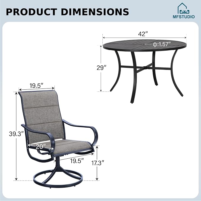MFSTUDIO Outdoor Dining Set for 4,Round Patio Table and Chairs with Umbrella Hole, 5 Piece Patio Dining Set for Deck, Backyard, Poolside & Garden