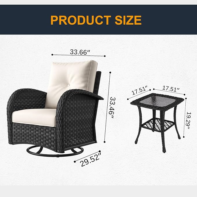 3 Pieces Outdoor Wicker Patio Swivel Rocking Chairs, All Weather Wicker Conversation Set with Side Table