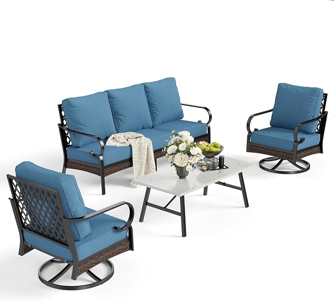 SUNSHINE VALLEY 5 PCS Metal Outdoor Patio Furniture Set, Patio Conversation Sets 1 3-Seater Sofa, 2 Swivel Chairs with 5.75" Extra Thick Cushion & Coffee Table, Black Backyard Furniture, Denim Blue