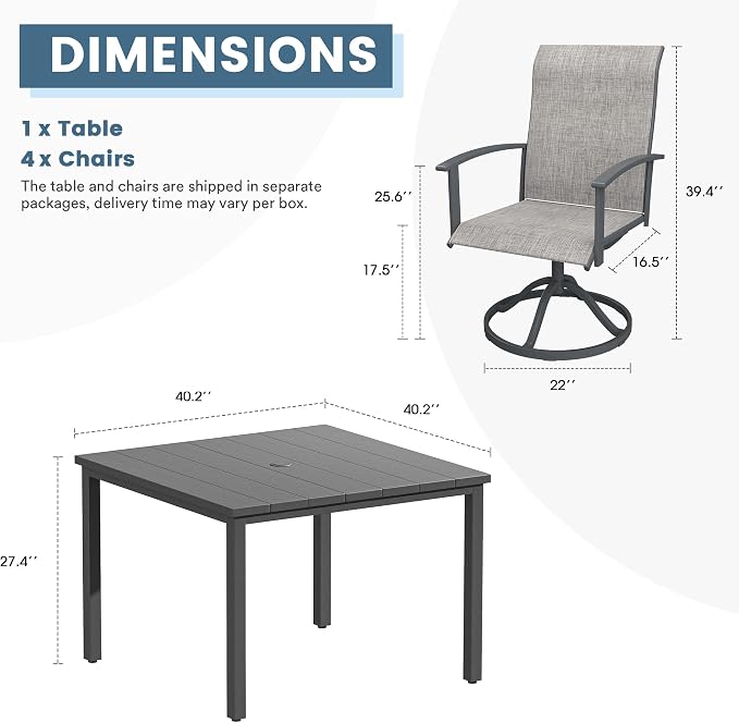 DIFY 5 Pieces Outdoor Dining Set, Metal Patio Table and Chairs Set for 4 with Umbrella Hole, 40.2" Square Outdoor Table and Textilene Swivel Patio Chairs for Garden, Backyard, Poolside, Grey