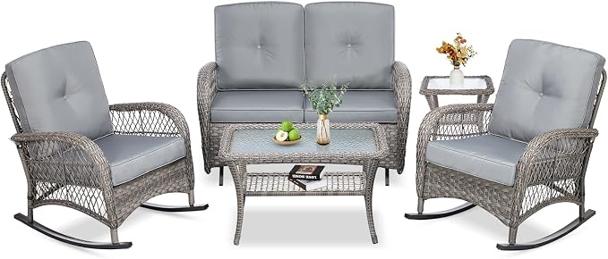 VIVIJASON 5-Piece Outdoor Patio Wicker Conversation Sets, All Weather Outdoor Rattan Furniture Set Includes Glider Loveseat, 2 Coffee Table, 2 Rocking Chairs with Cushions for Backyard, Grey