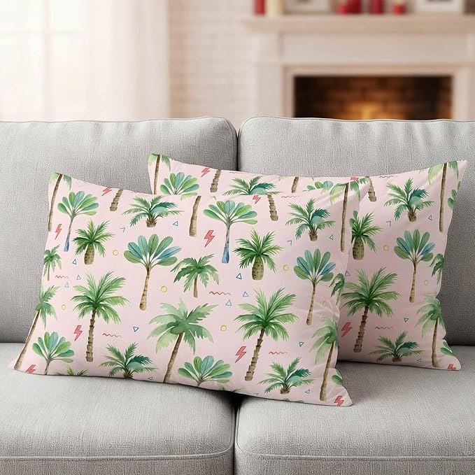Yukro Tropical Palm Tree Outdoor Waterproof Pillow Covers Pack of 2, Lightning Summer Forest Pink Boho Throw Pillowcases Decorative Cushion Covers for Garden Patio Tent Sofa Couch, 20x12 inch