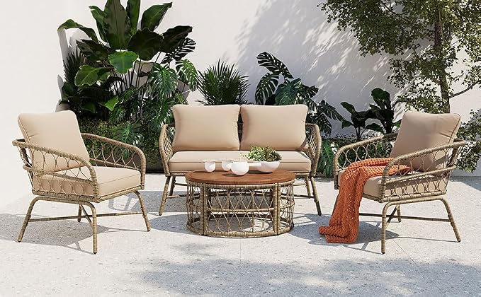 4-Person Outdoor Seating Group Boho Wicker Patio Conversation Set with Removable Cushions and Acacia Wood Table Beige