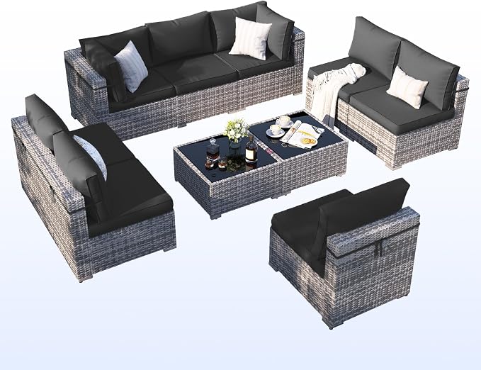 Patio Furniture Set, Modular 10-Piece Patio Conversation Sets with Coffee Table, All-Weather Wicker Outdoor Sectional for Backyard and Balcony, Black (Waterproof Covers Included)