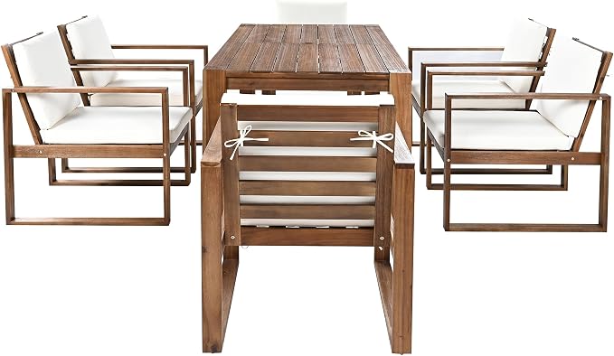 Rustic 7 Piece Patio Table and Chairs Set, Outdoor Dining Set for 6 with Umbrella Hole and Removable Cushion,for Garden Backyard Lawn Poolside (Mocha#X)