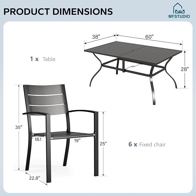MFSTUDIO Patio Table and Chairs Set, Black Metal Outdoor Dining Set for 6, 7 Piece Wrought Iron Patio Furniture Dining Set for Deck Backyard Garden