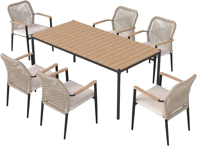 SUNSITT 7 Piece Outdoor Patio Dining Set, Patio Dining Furniture Set with 70” Metal Dining Table w/WPC Tabletop and 6 Woven Rope Patio Chairs w/WPC Armrests for Garden, Beige