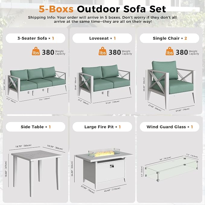 Aluminum Outdoor Patio Furniture Set with 43" Fire Pit Table, 9-Piece Outdoor Sectional with 5.2" Thick Cushions, Patio Conversation Sets for Backyard,(White,7 Seats)