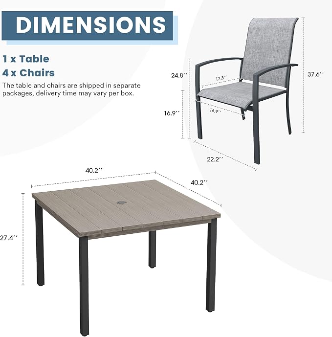 DIFY 5 Pieces Outdoor Dining Set, Metal Patio Table and Chairs Set for 4 with Umbrella Hole, 40.2" Square Dining Table and Textilene Stackable Patio Chairs for Garden Backyard Poolside, Grey Wood-Like